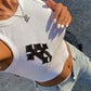 White crop tank top with knitted cross patches