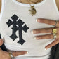 White crop tank top with knitted cross patches