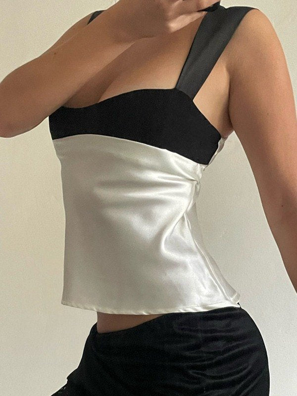 Patchwork satin tank top with back tie