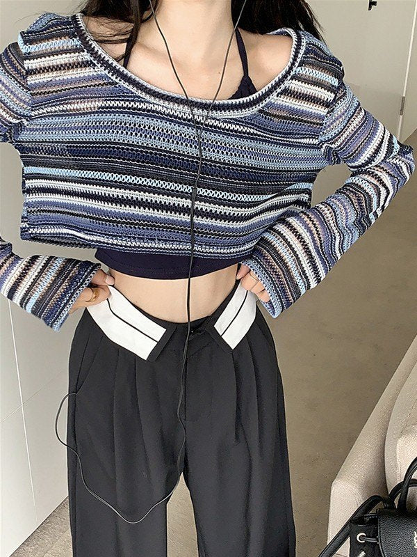 Contrast striped crochet knit crop top