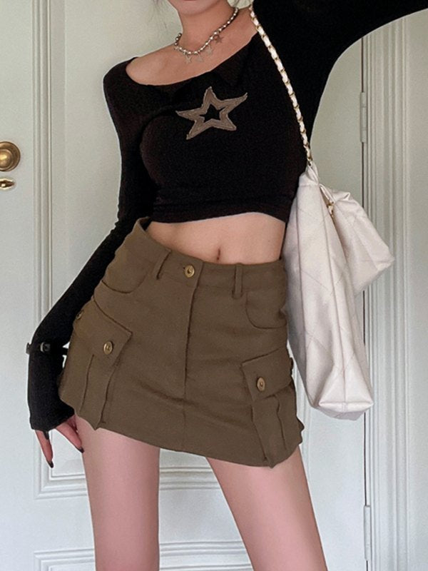 Star Patch Long Sleeve Knit Crop Top