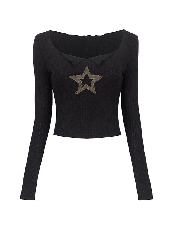 Star Patch Long Sleeve Knit Crop Top