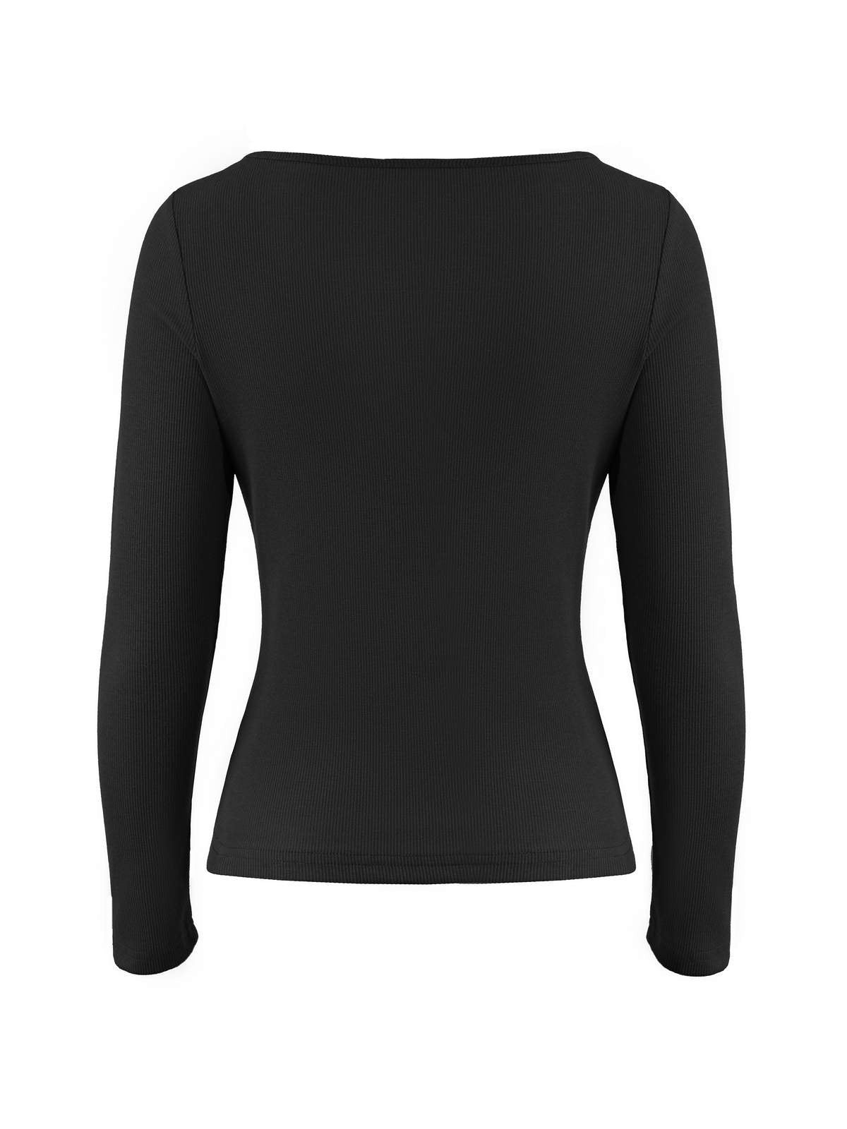 Black long-sleeved knit top with lace trim