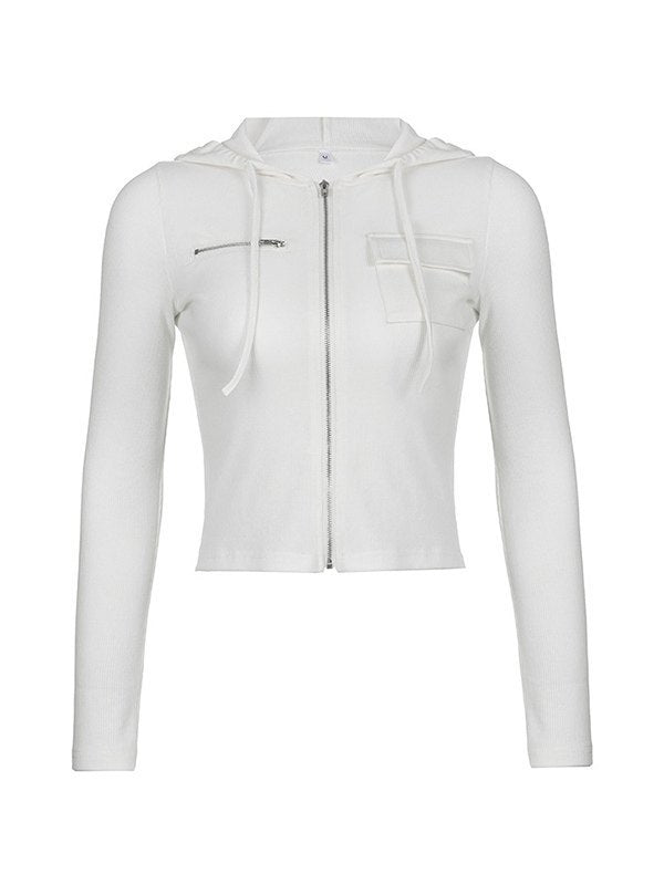 White cropped knit top with hood and zipper